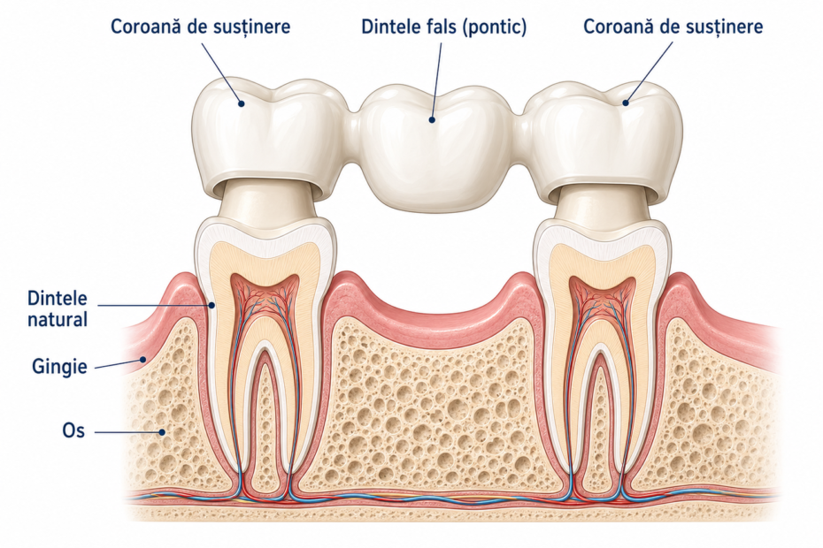 Exemplu de punte dentară fixă susținută de dinții naturali.